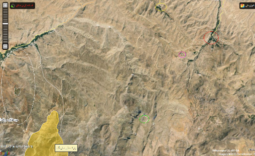 دایره زرد: روستای بلقان، قرمز خسرویه، صورتی هشمرغ، سبز قله شاهیجان و محدوده پائین سمت چپ تصویر پارک ملی ساریگل