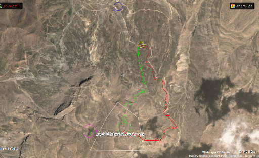 دایره بنفش: چادرهای عشایر، زرد آغاز کوه پیمایی، سفید چشمه کبابی، سبز قله و صورتی اولنگ عباسقلی خان